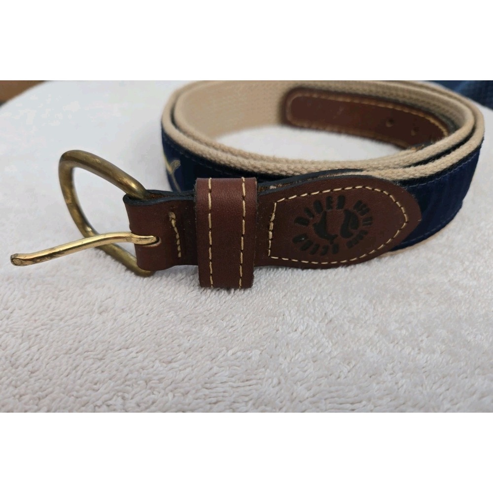 CAREY CHEN OCEAN RIDER Belt Mahi Mahi Sz 44 Leather Ends Canvas Brass Buckle GC